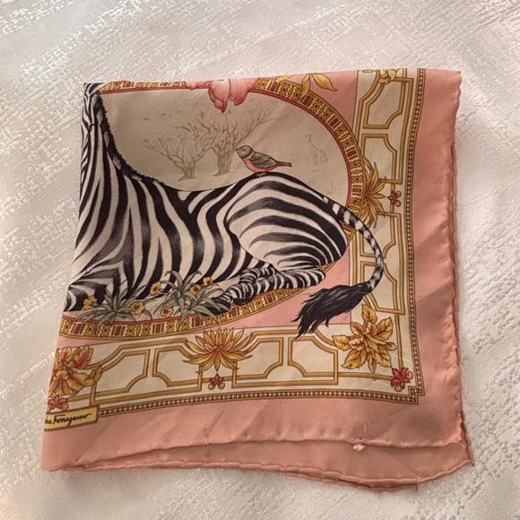 Vintage 100 Silk Scarf Ferragamo Zebra Pink Floral Safari Square Grandmillennial - Picture 10 of 10